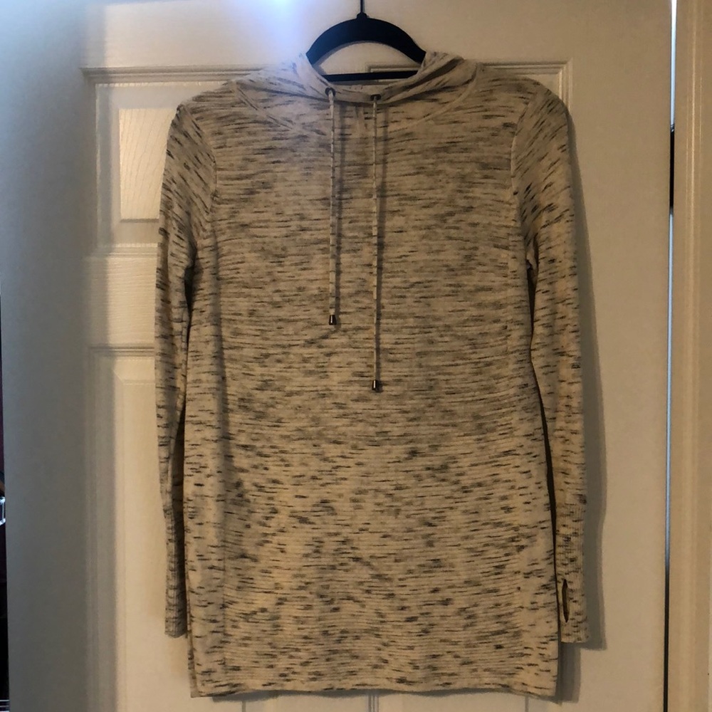 Grayish blue and cream pullover sweater with drawstring